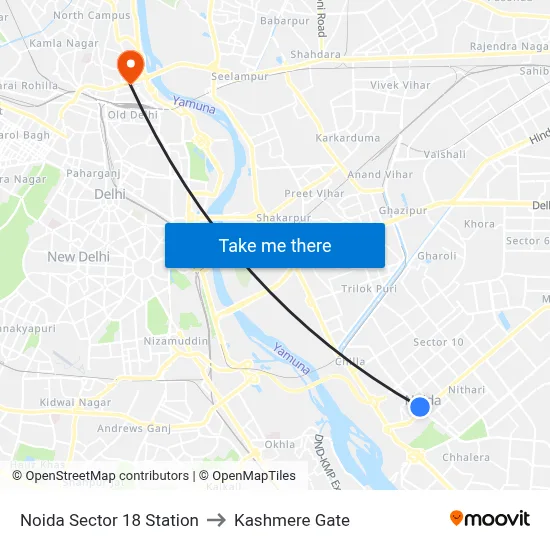 Noida Sector 18 Station to Kashmere Gate map
