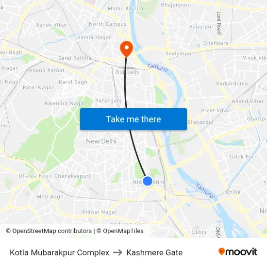 Kotla Mubarakpur Complex to Kashmere Gate map