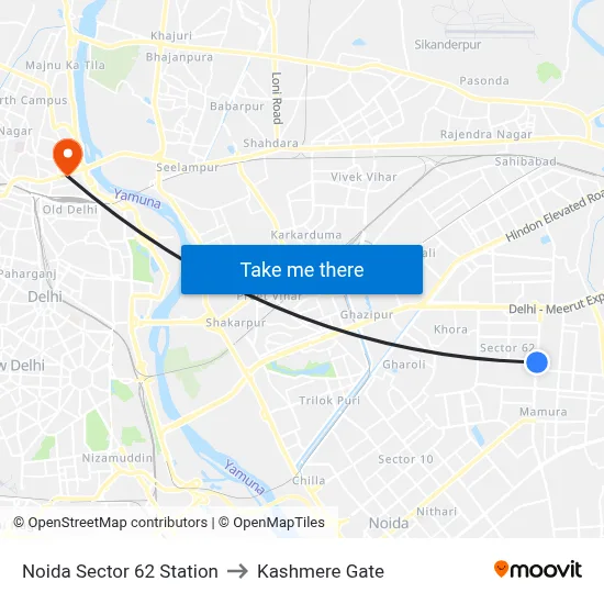 Noida Sector 62 Station to Kashmere Gate map