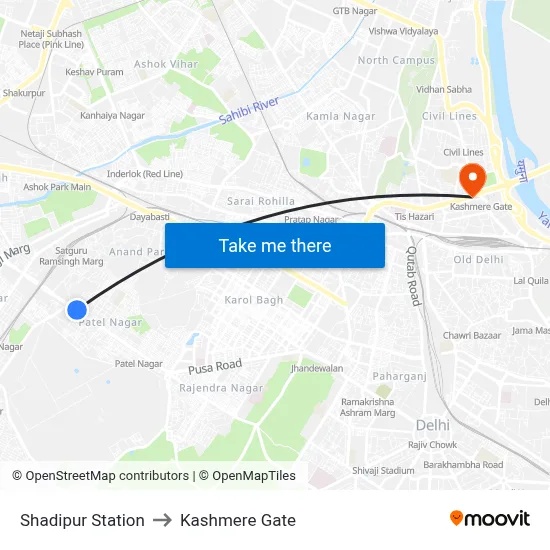 Shadipur Station to Kashmere Gate map