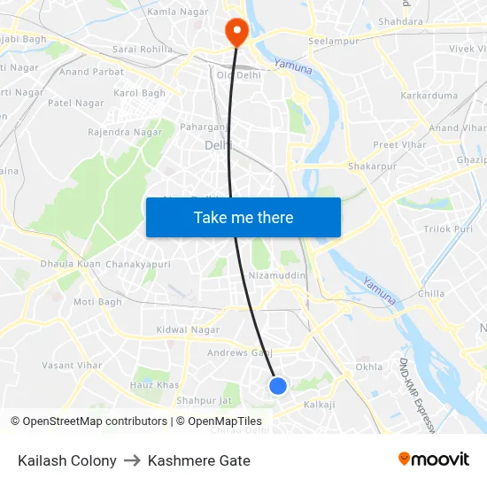 Kailash Colony to Kashmere Gate map