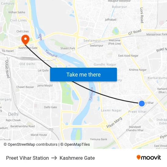 Preet Vihar Station to Kashmere Gate map