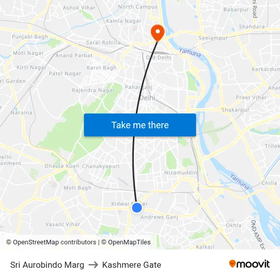 Sri Aurobindo Marg to Kashmere Gate map