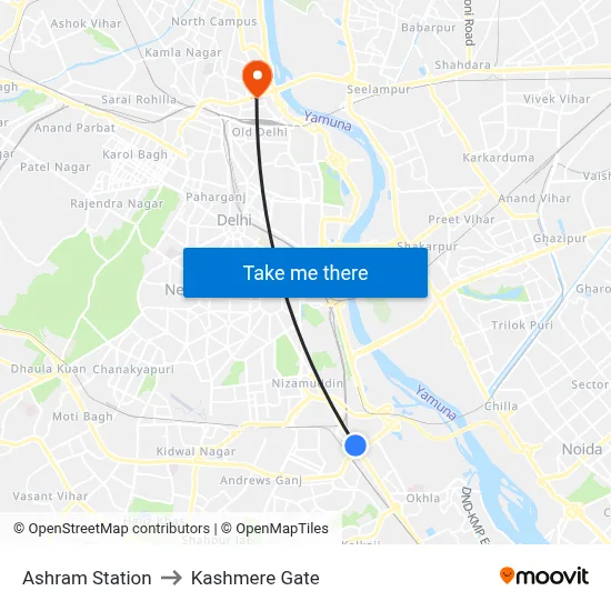 Ashram Station to Kashmere Gate map