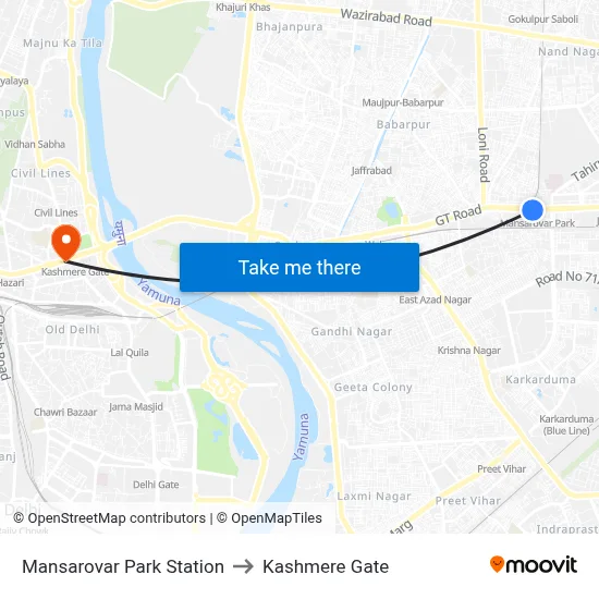 Mansarovar Park Station to Kashmere Gate map