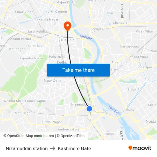 Nizamuddin station to Kashmere Gate map
