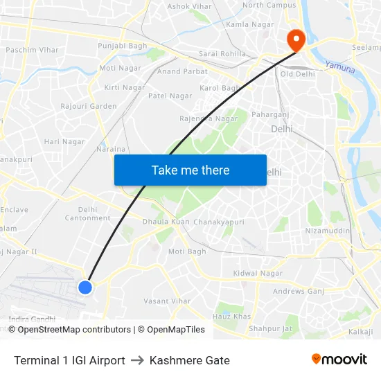 Terminal 1 IGI Airport to Kashmere Gate map