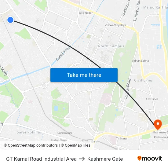 GT Karnal Road Industrial Area to Kashmere Gate map