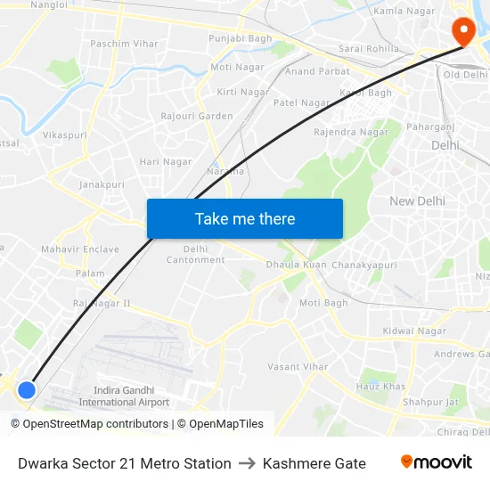 Dwarka Sector 21 Metro Station to Kashmere Gate map