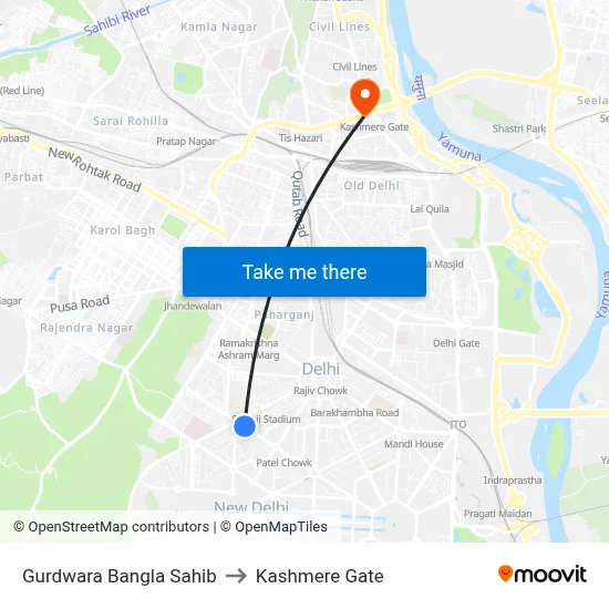 Gurdwara Bangla Sahib to Kashmere Gate map