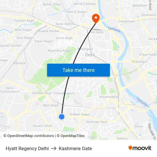 Hyatt Regency Delhi to Kashmere Gate map