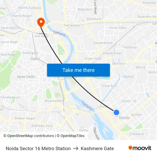 Noida Sector 16 Metro Station to Kashmere Gate map