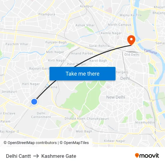 Delhi Cantt to Kashmere Gate map