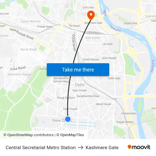 Central Secretariat Metro Station to Kashmere Gate map