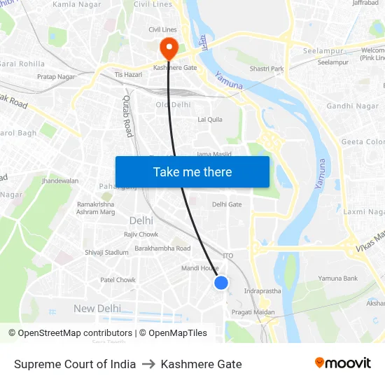 Supreme Court of India to Kashmere Gate map