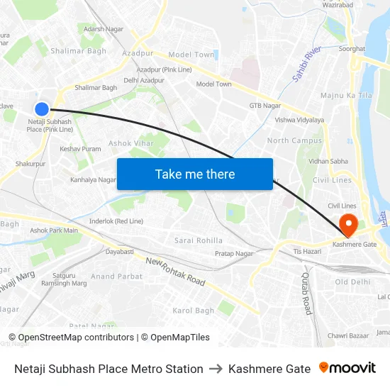 Netaji Subhash Place Metro Station to Kashmere Gate map