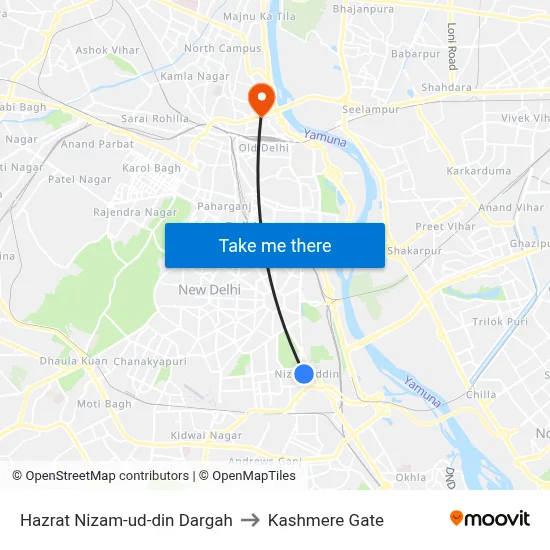 Hazrat Nizam-ud-din Dargah to Kashmere Gate map