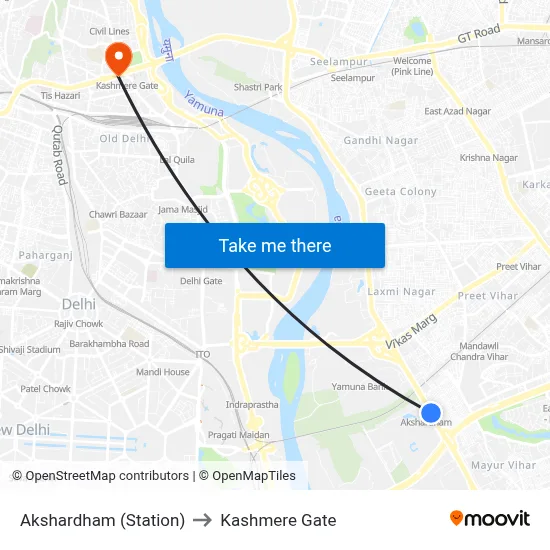 Akshardham (Station) to Kashmere Gate map