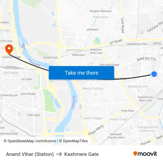 Anand Vihar (Station) to Kashmere Gate map