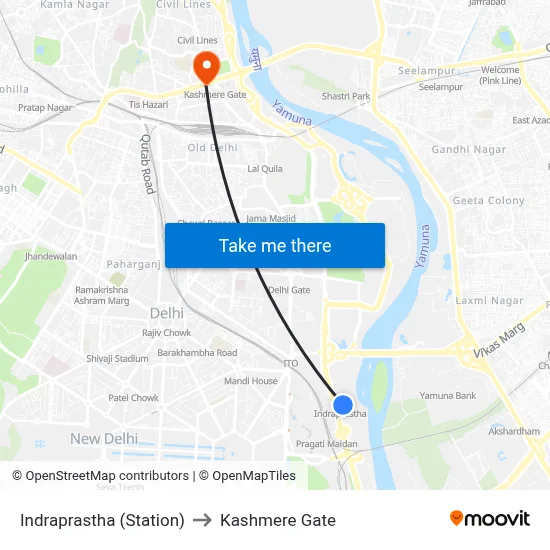 Indraprastha (Station) to Kashmere Gate map