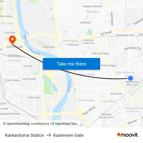 Karkarduma Station to Kashmere Gate map