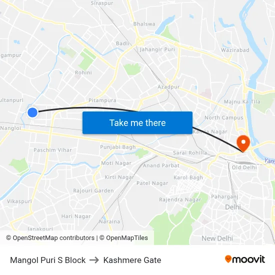 Mangol Puri S Block to Kashmere Gate map