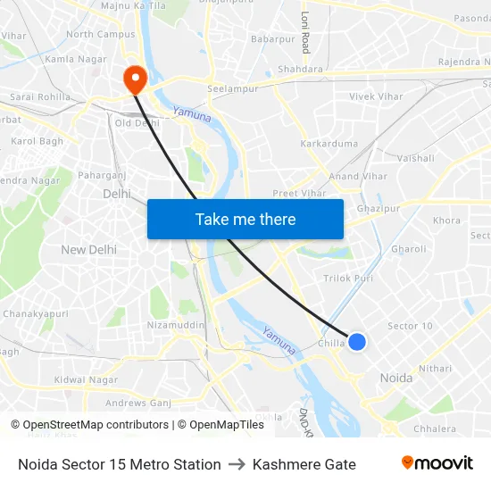 Noida Sector 15 Metro Station to Kashmere Gate map