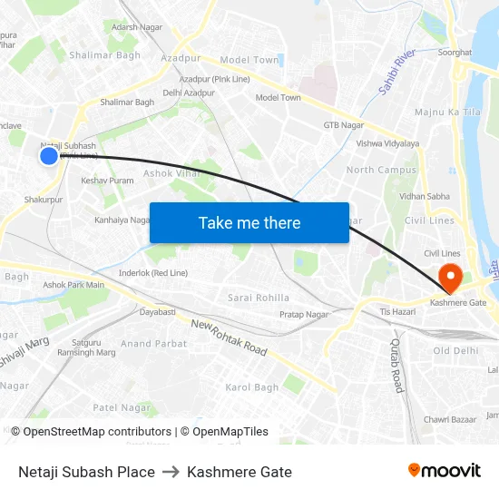 Netaji Subash Place to Kashmere Gate map