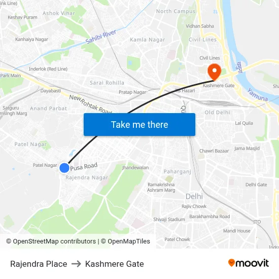 Rajendra Place to Kashmere Gate map