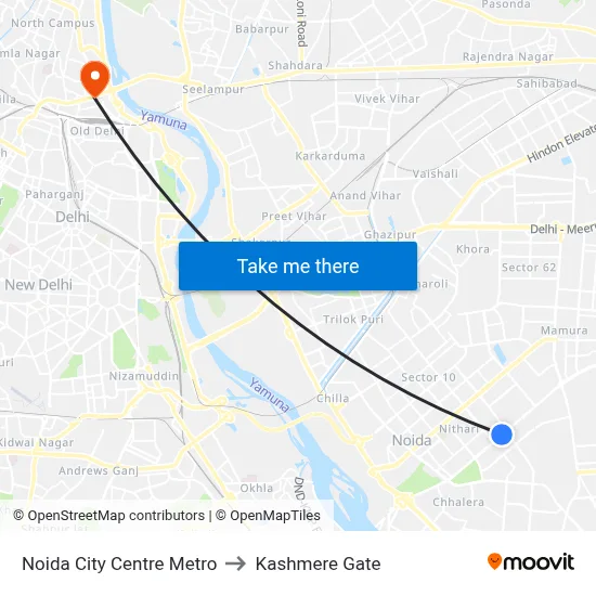 Noida City Centre Metro to Kashmere Gate map