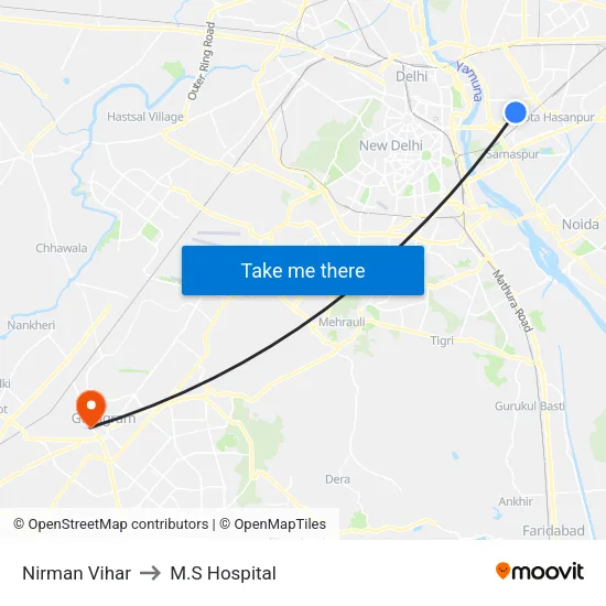Nirman Vihar to M.S Hospital map