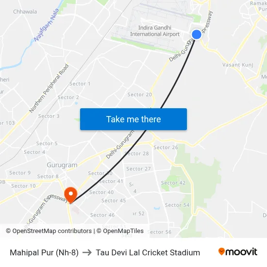 Mahipal Pur (Nh-8) to Tau Devi Lal Cricket Stadium map