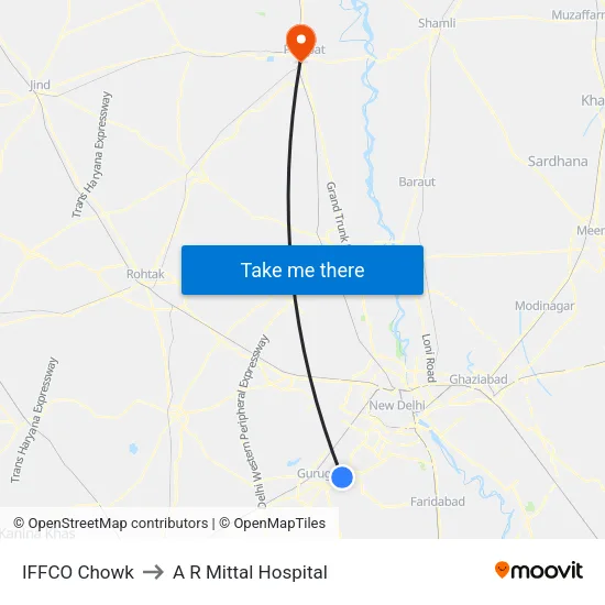 IFFCO Chowk to A R Mittal Hospital map