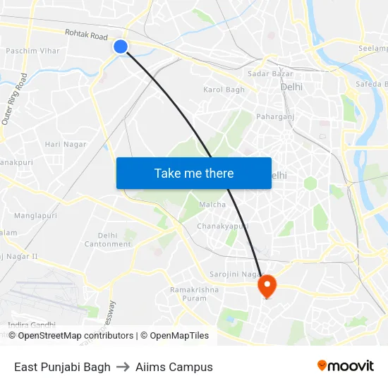 East Punjabi Bagh to Aiims Campus map