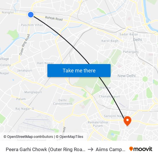 Peera Garhi Chowk (Outer Ring Road) to Aiims Campus map