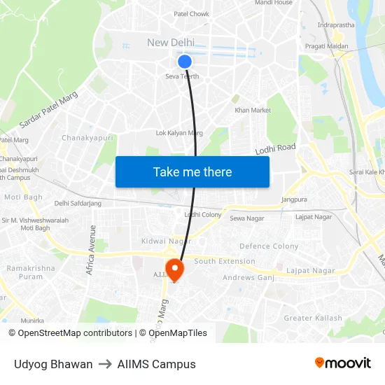 Udyog Bhawan to AIIMS Campus map