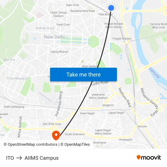 ITO to AIIMS Campus map