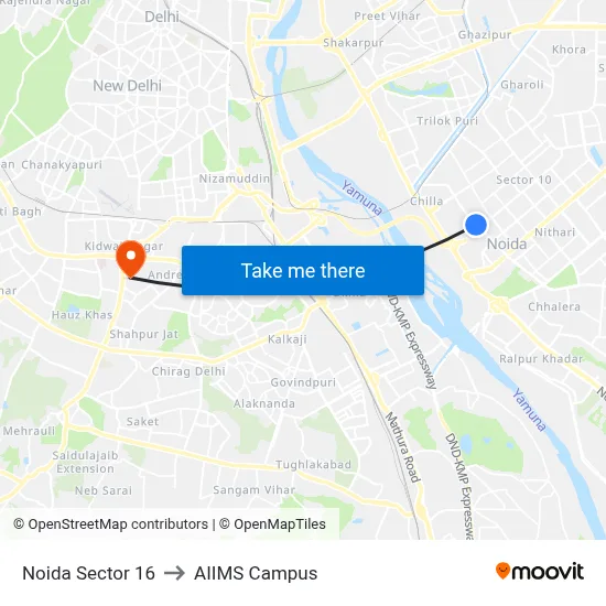 Noida Sector 16 to AIIMS Campus map