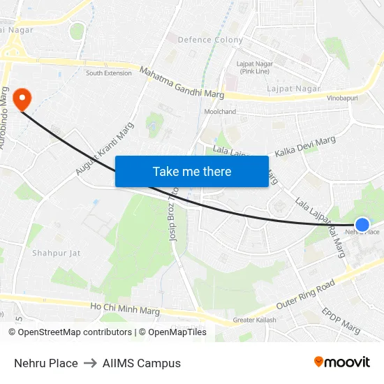 Nehru Place to AIIMS Campus map