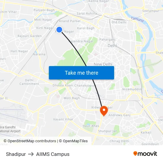 Shadipur to AIIMS Campus map