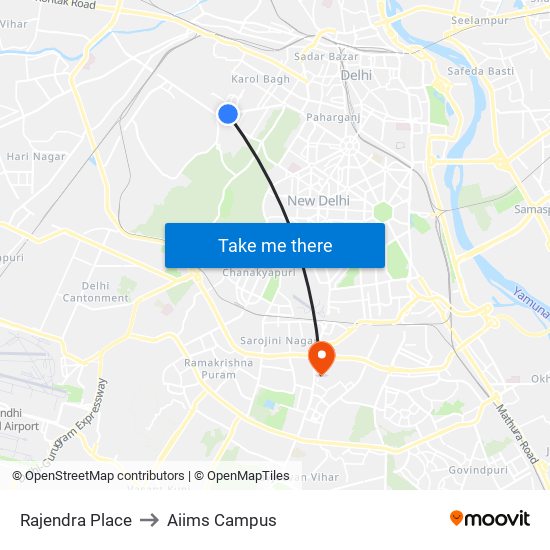 Rajendra Place to Aiims Campus map