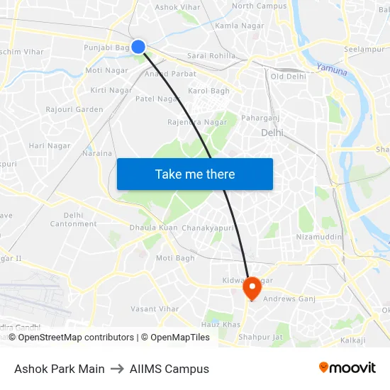 Ashok Park Main to AIIMS Campus map