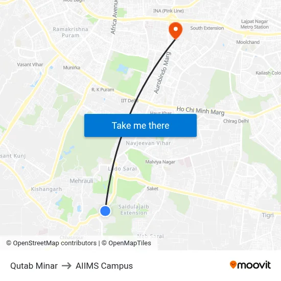 Qutab Minar to AIIMS Campus map