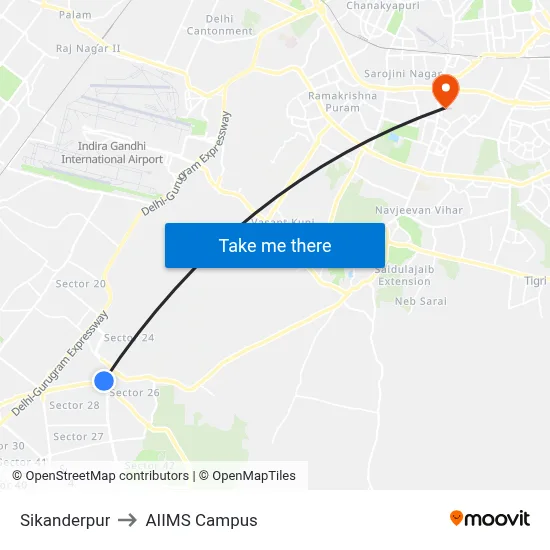 Sikanderpur to AIIMS Campus map