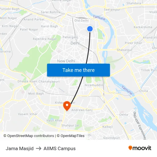 Jama Masjid to AIIMS Campus map