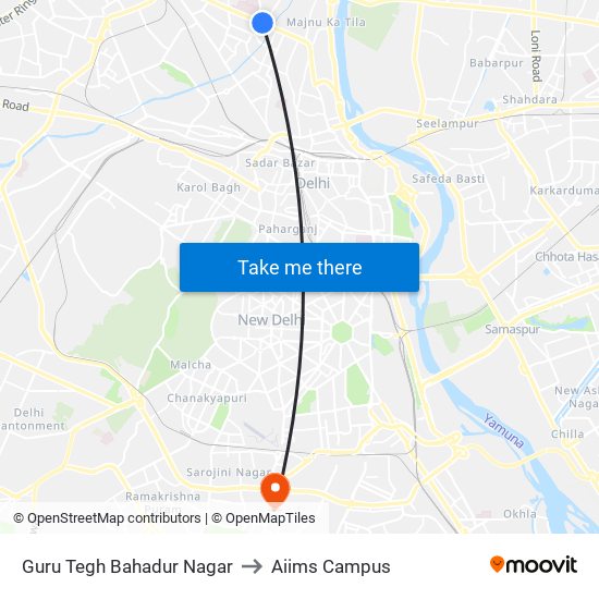 Guru Tegh Bahadur Nagar to Aiims Campus map