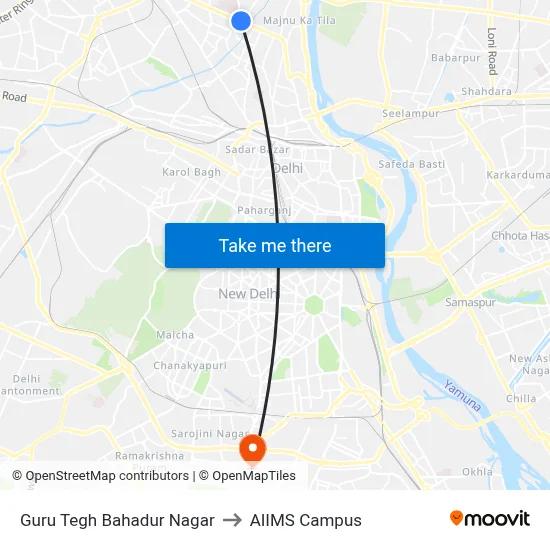 Guru Tegh Bahadur Nagar to AIIMS Campus map
