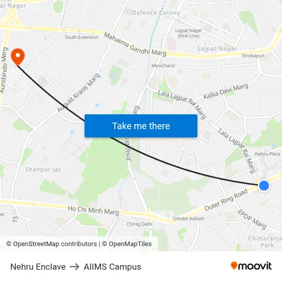 Nehru Enclave to AIIMS Campus map