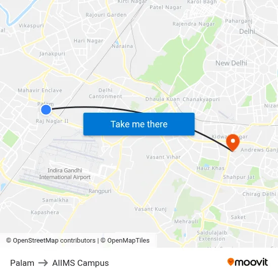 Palam to AIIMS Campus map
