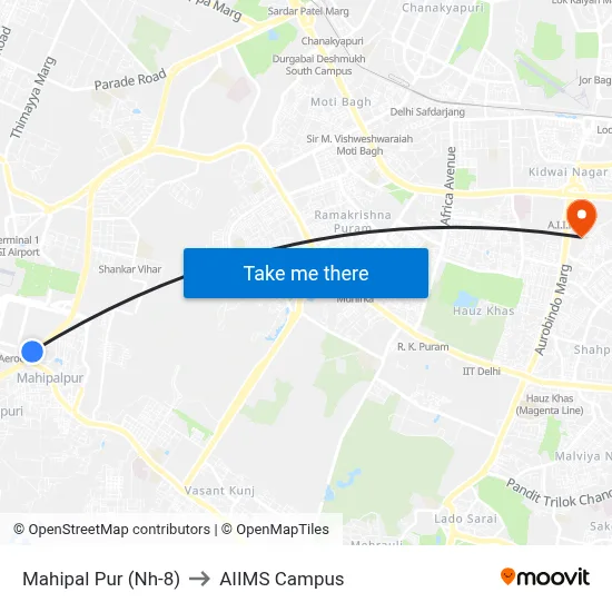 Mahipal Pur (Nh-8) to AIIMS Campus map